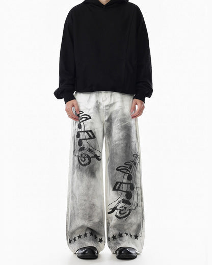 Retro Music Graphic Wide-Leg Jeans