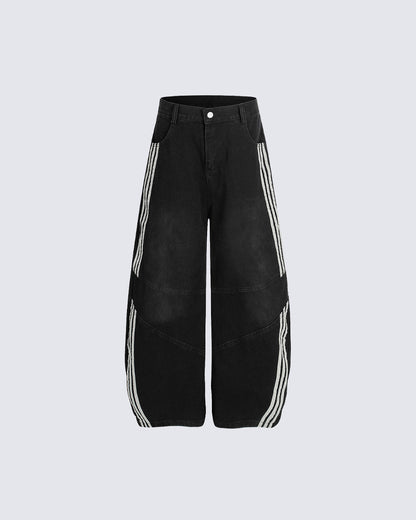 Striped Panel Wide-Leg Denim Pants