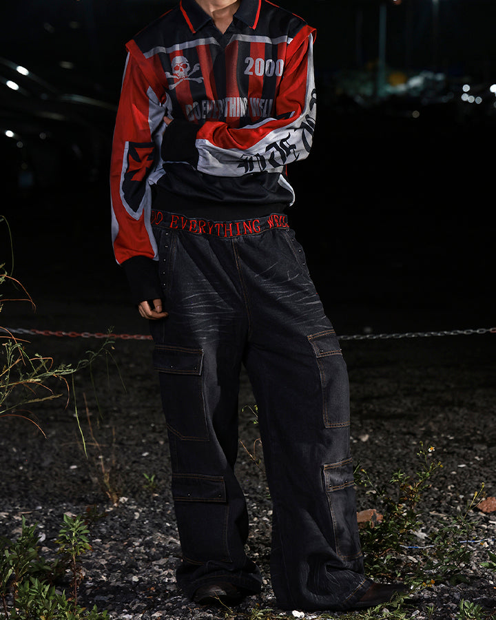 American Heavy Wash Double-Waist Embroidered Pants