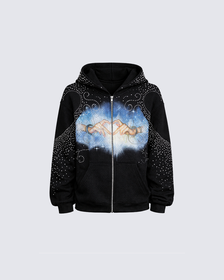 Rhinestone Hand Heart Zip-Up Hoodie