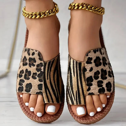 Leopard Print Bunion Slide Sandals for Women — Flat, Open-Toe