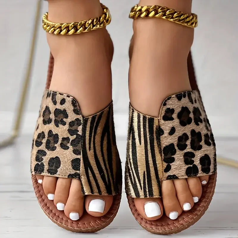 Leopard Print Bunion Slide Sandals for Women — Flat, Open-Toe