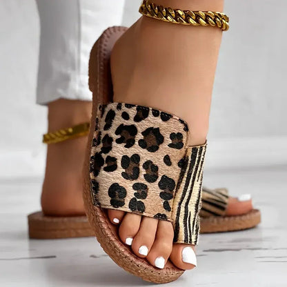 Leopard Print Bunion Slide Sandals for Women — Flat, Open-Toe