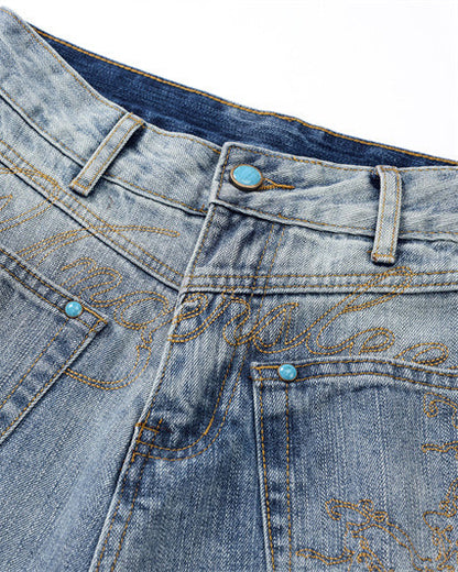Autumn Winter Embroidered Loose Floor-Length Jeans