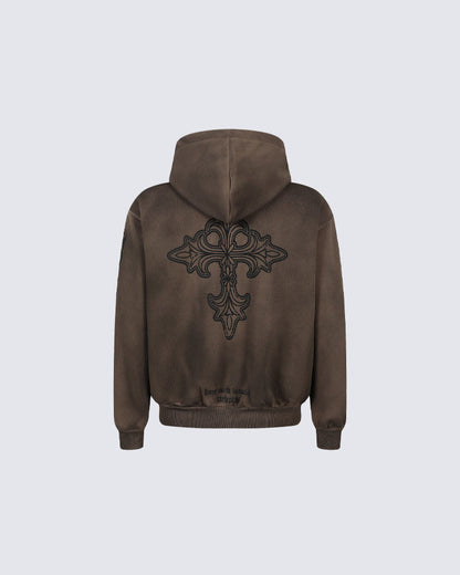 New Washed Cross Print Zip Hoodie