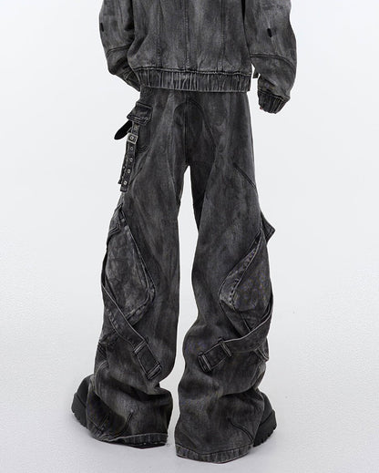 "Futuristic Edge" Heavy-Duty Distressed Wide-Leg Cargo Pants