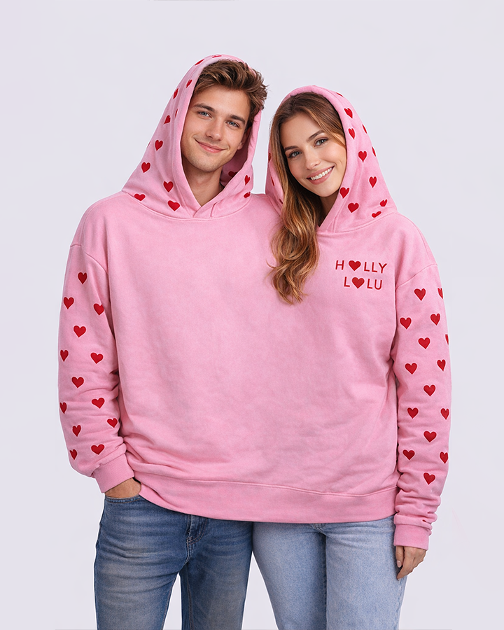 Heart Print Two-Person Connected Pullover Hoodie