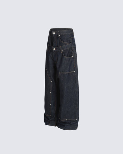 Layered Waist Rivet Denim Pants