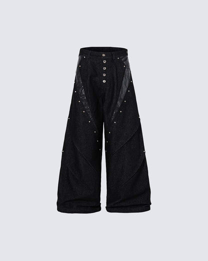 Riveted Panel Washed Denim Pants