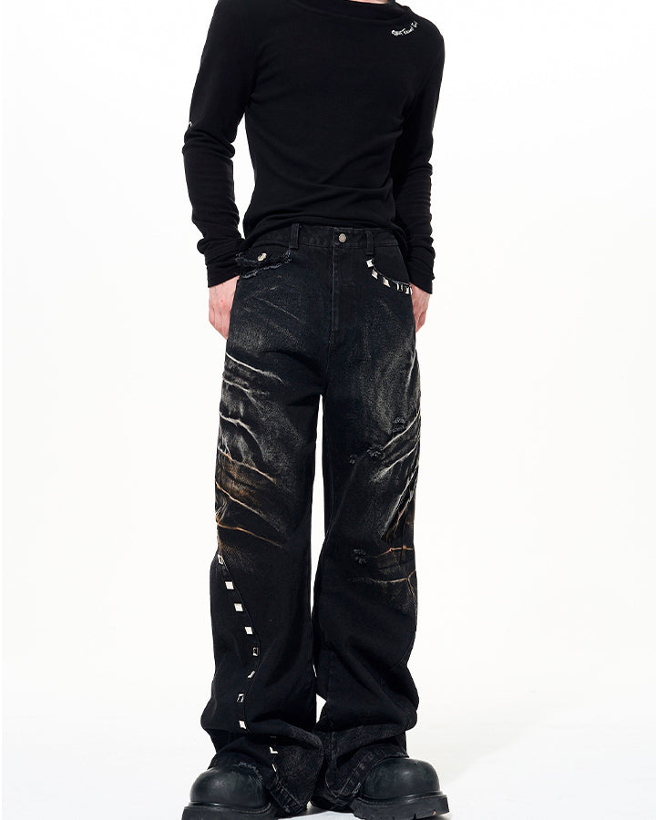 Rivet Detail Wide-Leg Jeans
