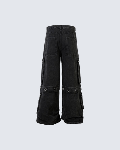 Black Wide-Leg Cargo Pants with Metal Grommets