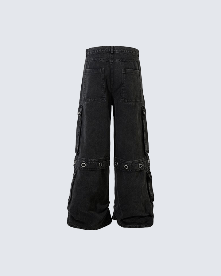 Black Wide-Leg Cargo Pants with Metal Grommets