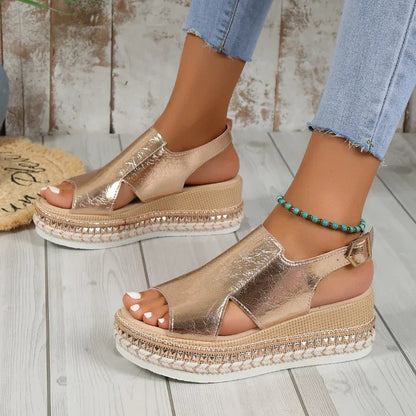 Extra Wide Platform Sandals for Bunions - Metallic, Slingback, 7cm Heel