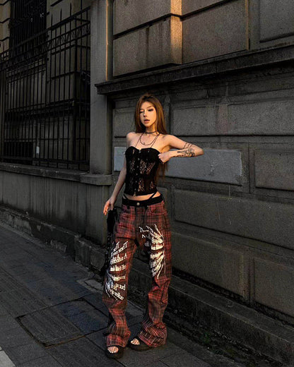 Plaid Frayed Patchwork Printed Pants