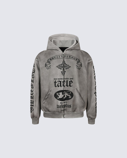 New Washed Cross Print Zip Hoodie