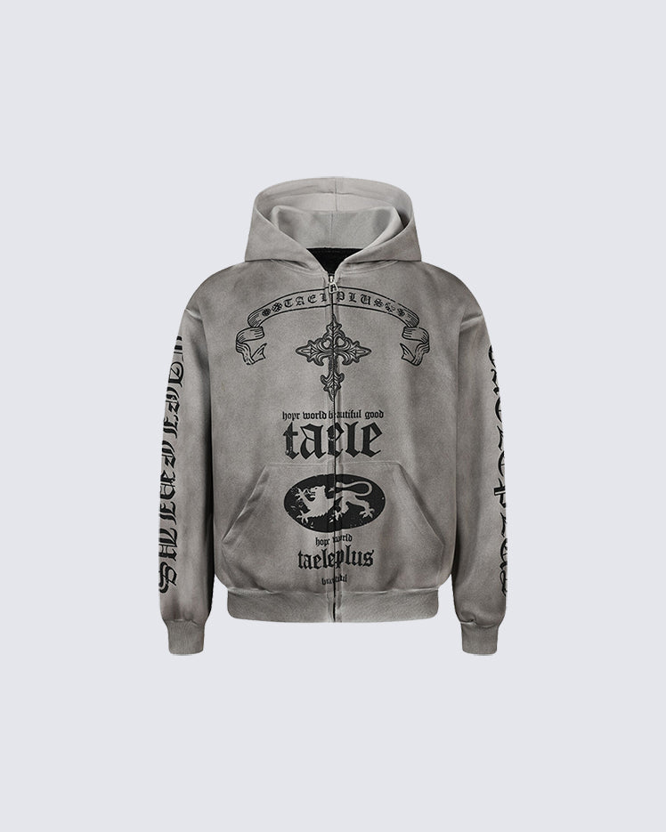 New Washed Cross Print Zip Hoodie