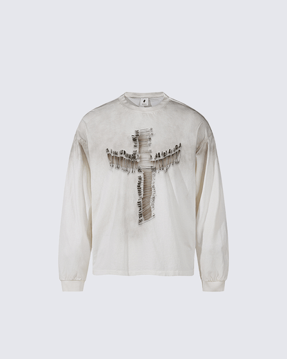 Distressed Cross Graphic Long Sleeve T-Shirt