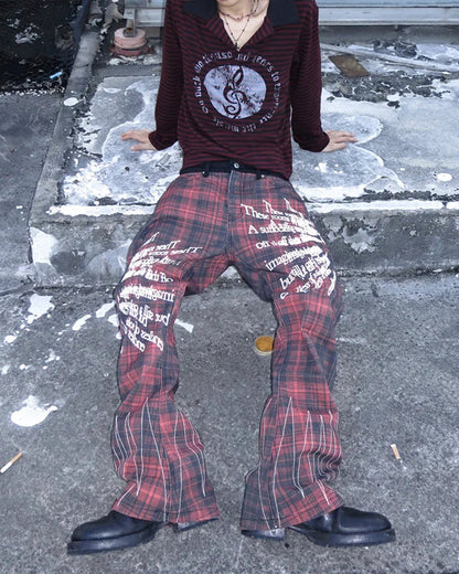 Plaid Frayed Patchwork Printed Pants