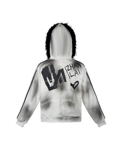 Gradient Faux Fur Hood Zip Hoodie