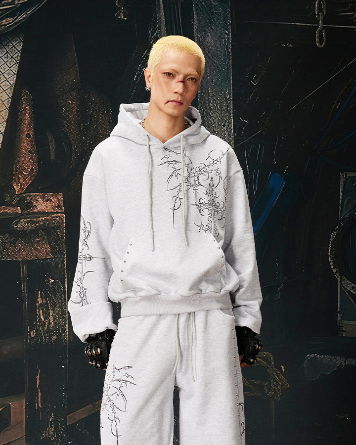 Gothic Cross Graphic Studded Hoodie
