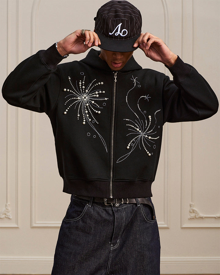 Firework Pearl Embroidery Zip-Up Hoodie