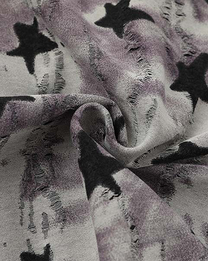 Star Pattern Distressed Zip-Up Hoodie
