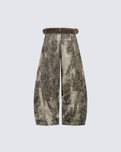 Leopard Print Fur-Trimmed Pants