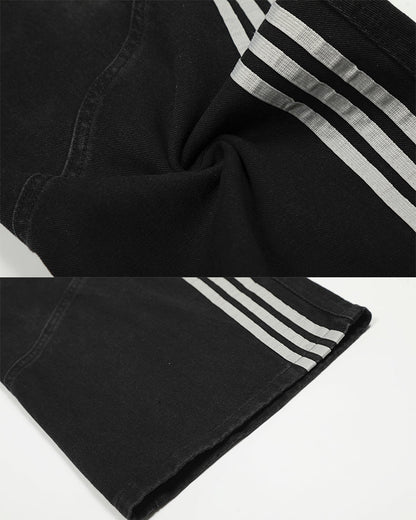 Striped Panel Wide-Leg Denim Pants