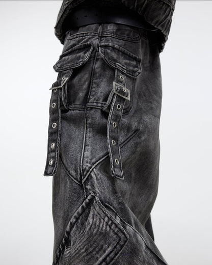 "Futuristic Edge" Heavy-Duty Distressed Wide-Leg Cargo Pants