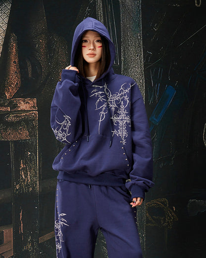 Gothic Cross Graphic Studded Hoodie