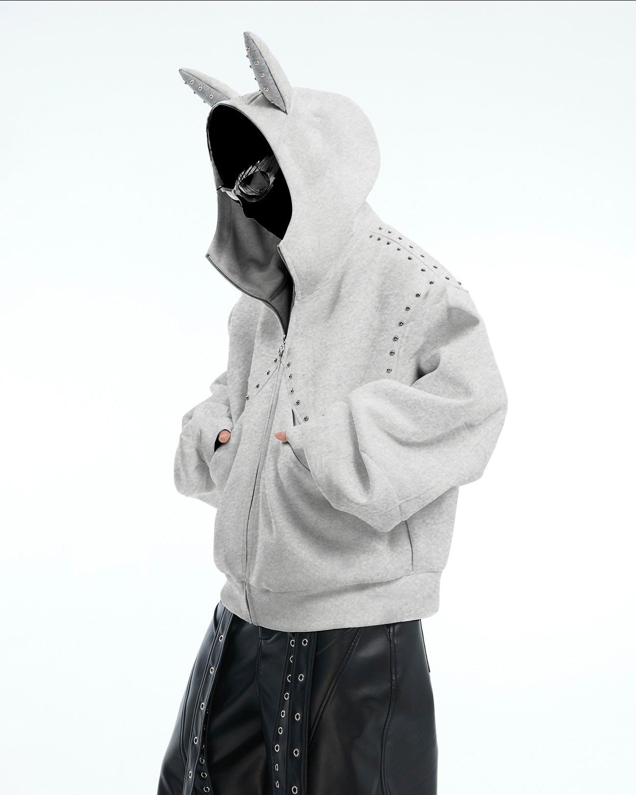 Horned Studded Zip-Up Hoodie with Ear Detail
