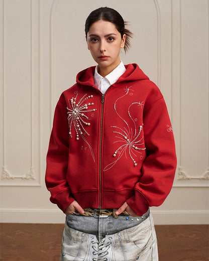Firework Pearl Embroidery Zip-Up Hoodie
