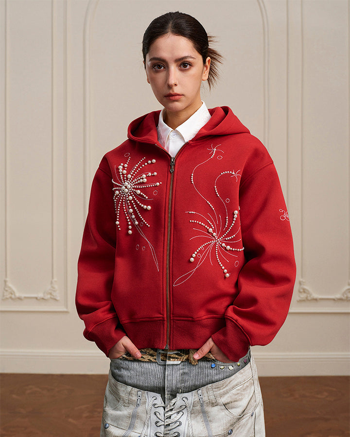 Firework Pearl Embroidery Zip-Up Hoodie