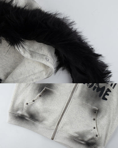Gradient Faux Fur Hood Zip Hoodie