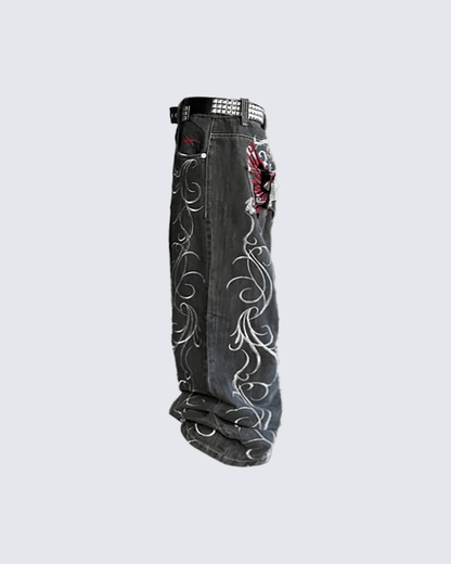 Dragon Embroidery Gothic Loose Denim Pants