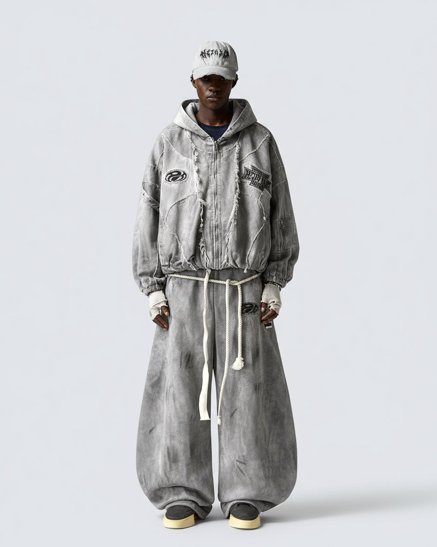 Distressed Dirty Curved-Cut Drawstring Sweatpants