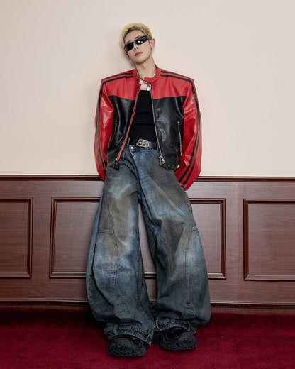 Washed Reverse-Waist Wide-Leg Jeans