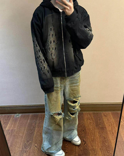 Dark Distressed Ripped Hooded Sweatshirt