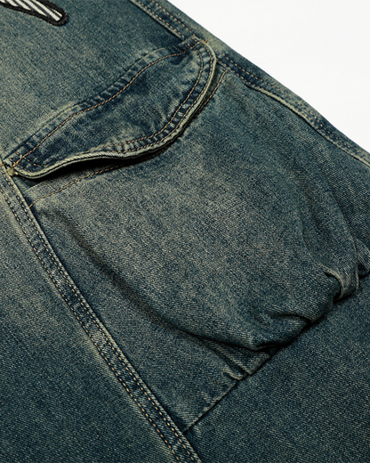 Embroidered Star Denim Cargo Pants