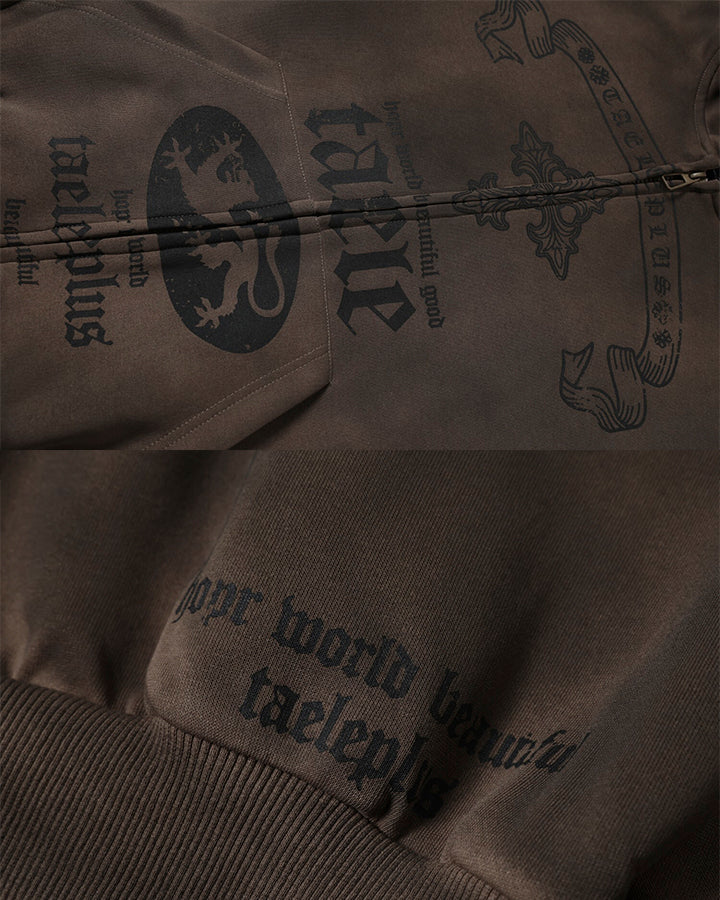 New Washed Cross Print Zip Hoodie
