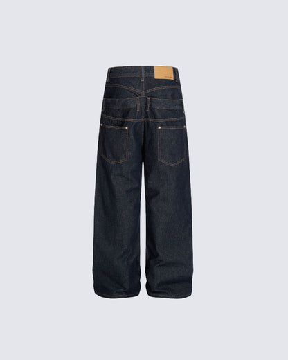 Layered Waist Rivet Denim Pants