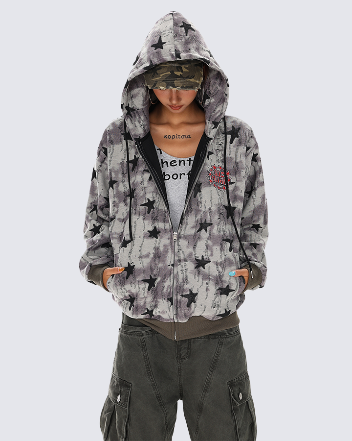 Star Pattern Distressed Zip-Up Hoodie