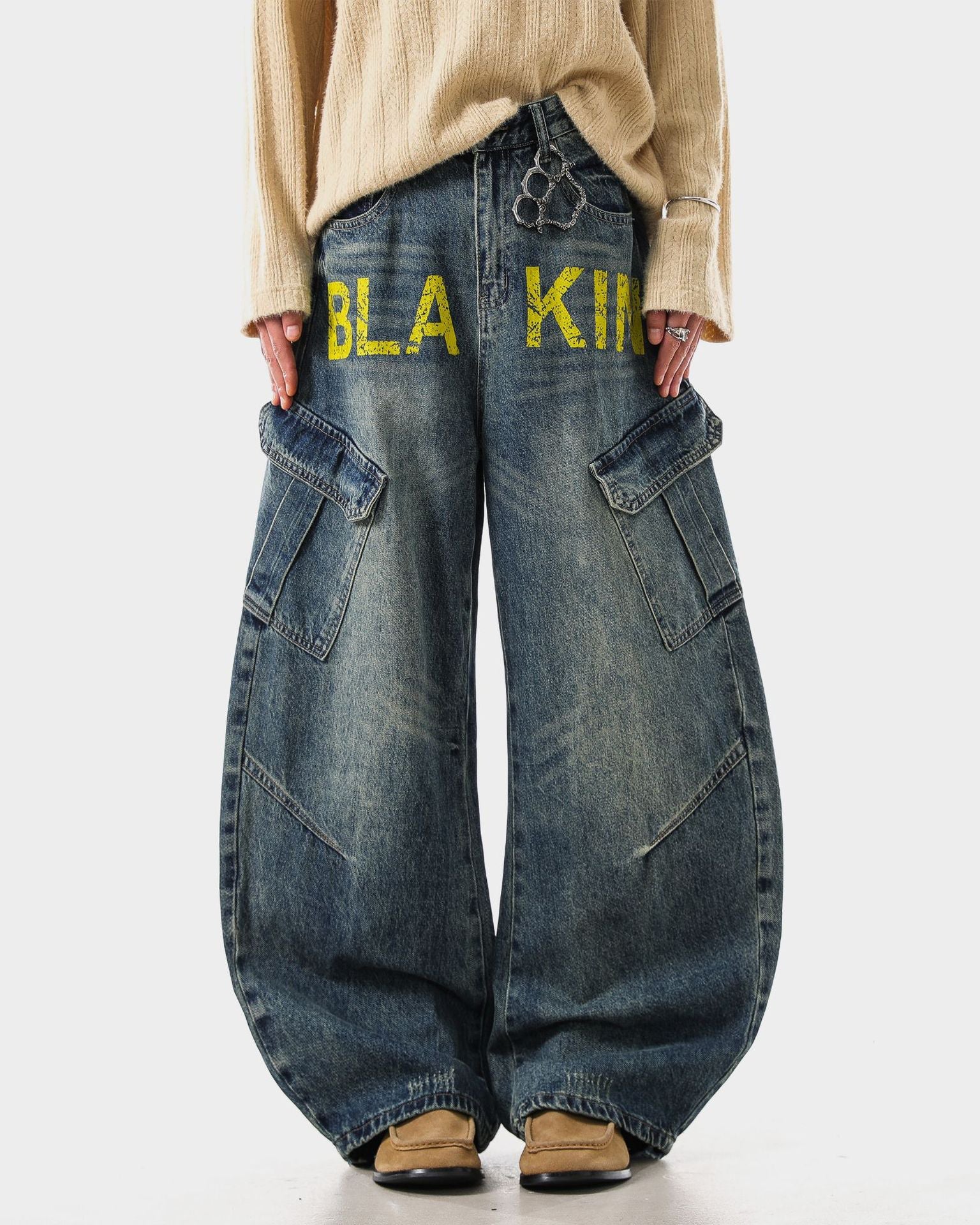 Retro Letter Print Wide-Leg Cargo Jeans