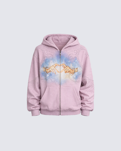 Rhinestone Hand Heart Zip-Up Hoodie
