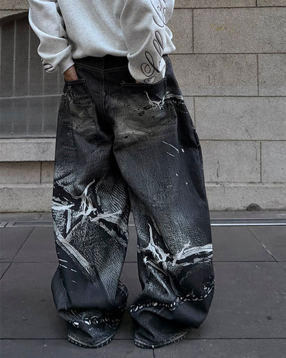 Graphic Print Wide-Leg Denim Jeans