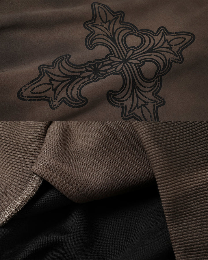 New Washed Cross Print Zip Hoodie