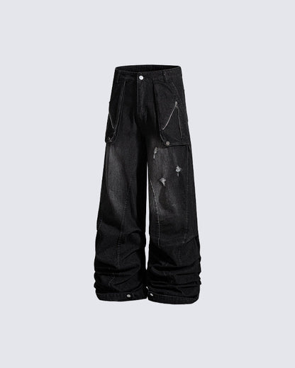 Washed Distressed Wide Leg Jeans