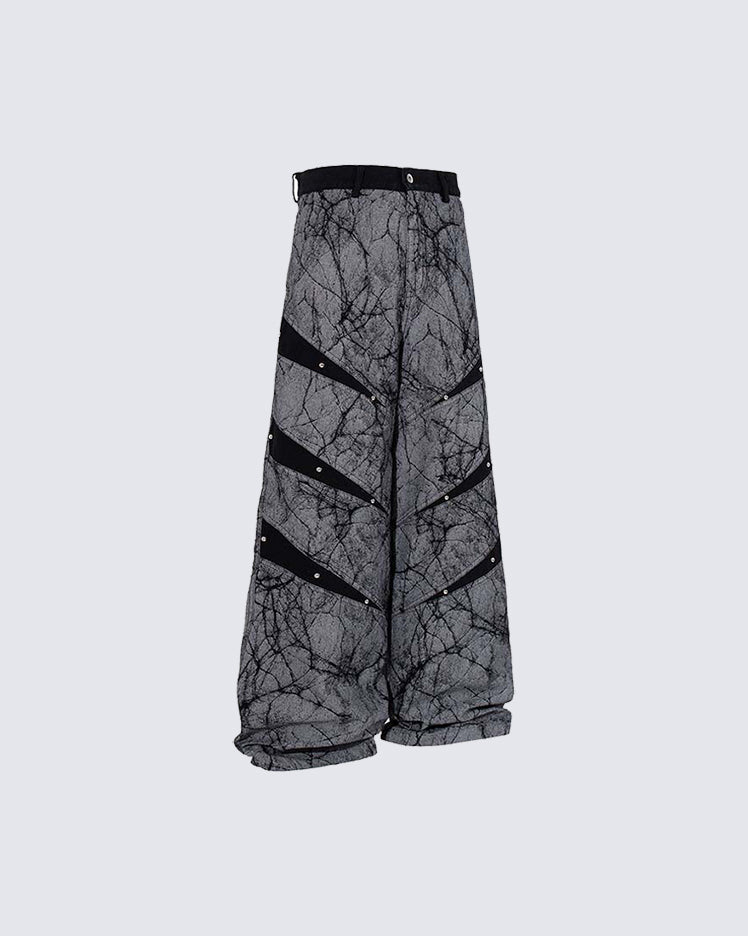Creative Crack-Pattern Heavy Wide-Leg Pants
