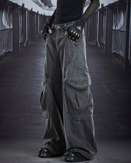 Distressed Panel Wide-Leg Denim Pants