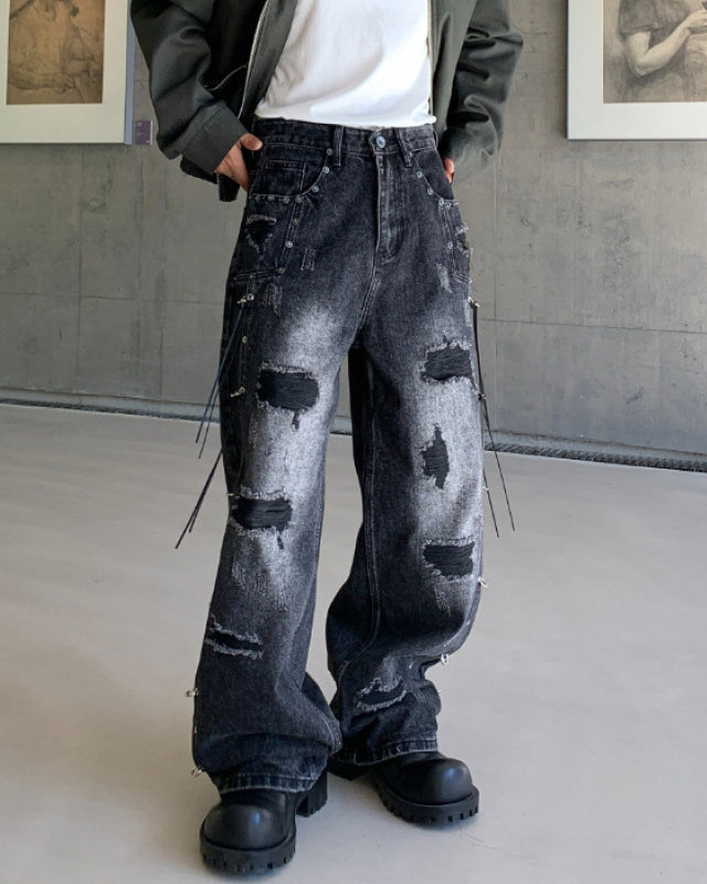 Retro Distressed Rivet Wide-Leg Denim Jeans